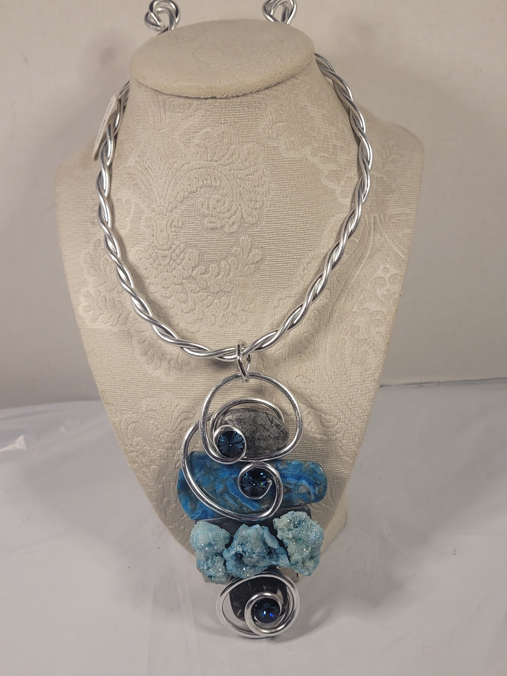 Vtg Jeff Lieb Statement Wire Choker Necklace Blue Stone Druzy Swarovski Crystal